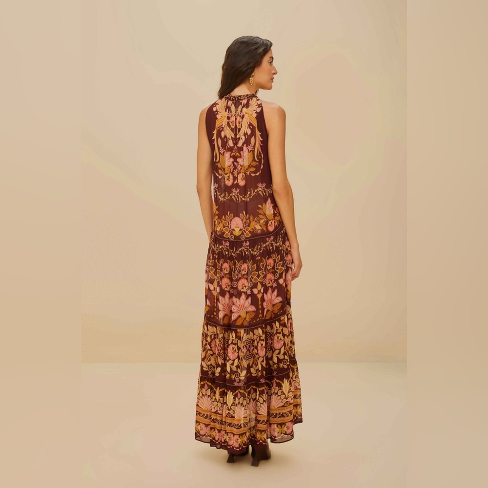 FARM RIO Burgundy Bella Maxi Dress | Tropical Floral Boho Statement | Size L EUC - Picture 4 of 9